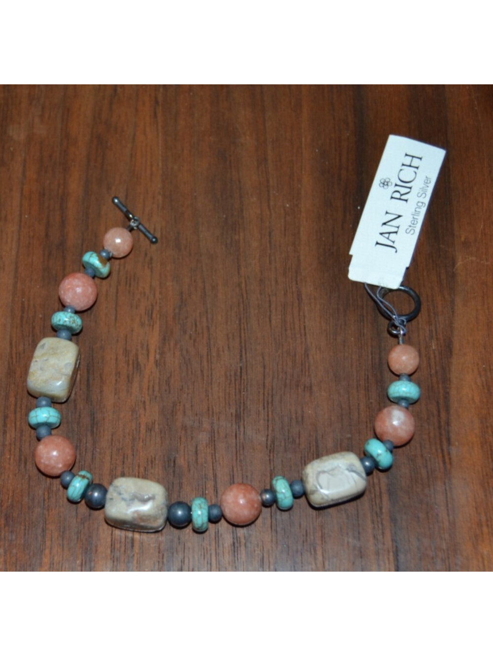 STERLING SILVER Beaded Bracelet JAN RICH Coral Turquoise 8" 22g .925 Made USA